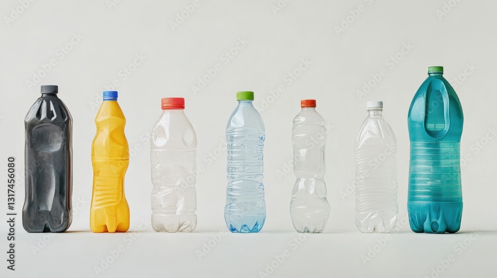 Aufkleber various plastic bottles arranged in a row showcasing different shapes and colors on a neutral backgr