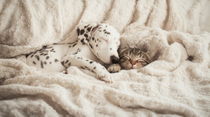 A Dalmatian puppy and a tabby kitten, both comfortably nestled together on a plush beige blanket, sleeping peacefully
