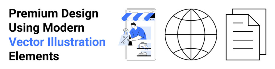 Smartphone shopping app interface, globe symbolizing global reach, and file documents. Ideal for e-commerce, globalization, workflow, data management, communication, online shopping flat landing