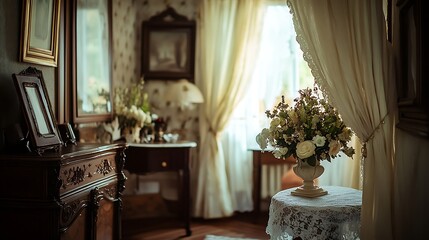 Elegant Vintage Bedroom Interior with Antique Furniture, Flower Arrangement, Lace Tablecloth, and Soft Lighting Photography.