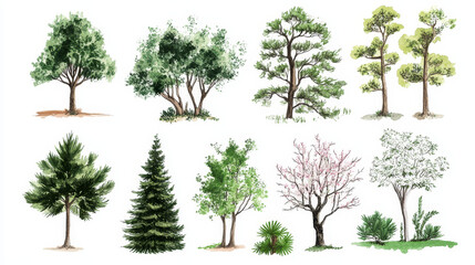 Vector tree sketch hand drawn style types green forest pine treetops collection of birch, cedar and acacia or greenery garden with palm and sakura illustration background