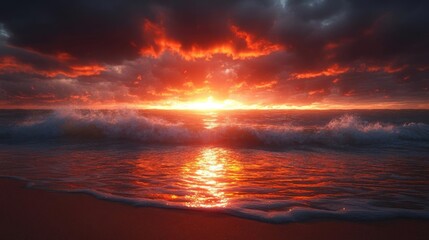 Fiery Sunset Ocean Waves