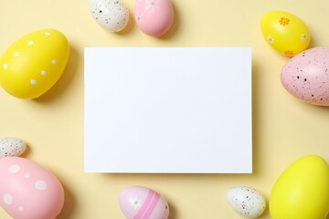Happy Easter. Colorful eggs with paper card on color background, space for text or advertising