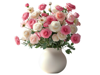 A beautiful arrangement of pink and white flowers in a simple white vase isolated on white background and transparent background