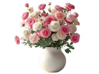 A beautiful arrangement of pink and white flowers in a simple white vase isolated on white background and transparent background