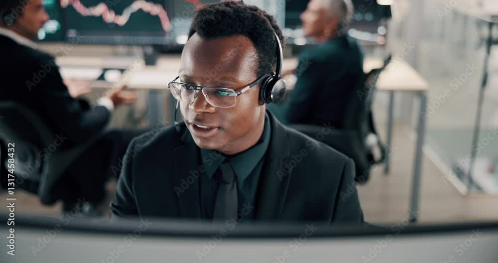 Aufkleber computer, headset and stock market trading with black man in office for advice, assistance or consul