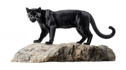 Sleek black panther standing on a rock isolated on a transparent background 