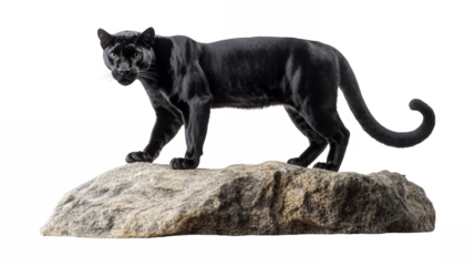 Sleek black panther standing on a rock isolated on a transparent background 