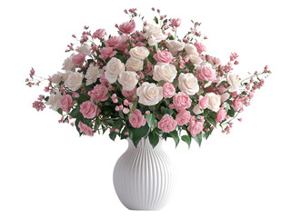 A beautiful arrangement of pink and white roses in an elegant vase , perfect for decoration or gifting. isolated on white background and transparent background