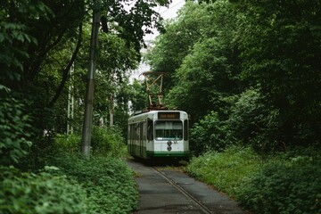 Fototapeta premium Abandoned Tram in Green Forest Path