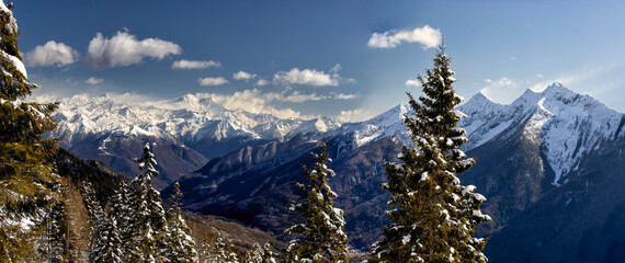 Winter mountain snow panorama. Snow mountains panoramic landscape