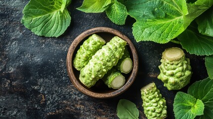 Fresh green veggies harvest wasabi root