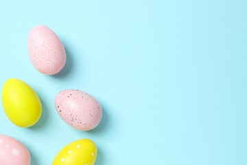 Happy Easter. Colorful eggs on color background, space for text or advertising