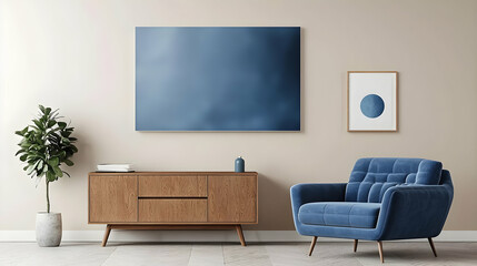 Modern Minimalist Living Room With Blue Velvet Armchair Wooden TV Stand Large Abstract Painting and Simple Decor