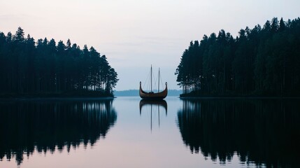 Fototapeta premium Viking Ship on Calm Lake, Sunrise Forest