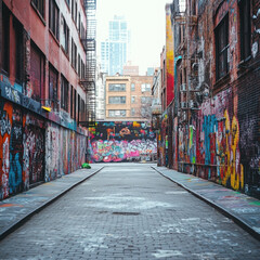 Fototapeta premium Vibrant urban alleyway covered in colorful graffiti, showcasing street art in a cityscape setting with high-rise buildings in the background.