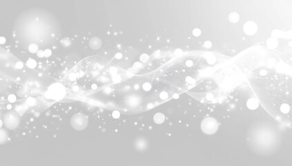 Abstract silver wave background with glowing particles.