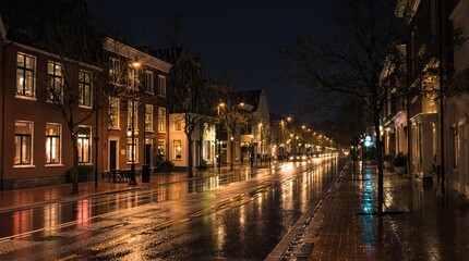 A serene urban street at night with illuminated buildings, wet pavement reflecting warm lights, parked cars, and small trees. Concept of quiet nightlife. Ai generative.