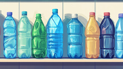Plastic bottle set vector illustration. Different sizes of cartoon containers for water and other liquids. Shelf with blue empty bottles banner,poster, brochure. Clean water.