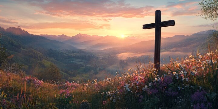 symbolic depiction of Easter morning, featuring a cross standing in a cave overlooking a breathtaking sunrise.faith, hope, and resurrection, capturing the essence of spirituality and salvation