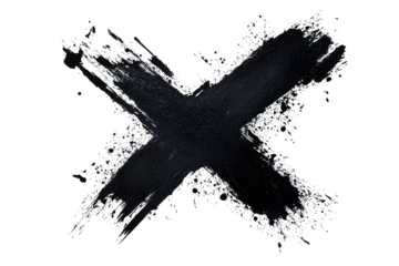 Black spray stain in crossed out, x drawing isolated on white or transparent background, photo with clipping path