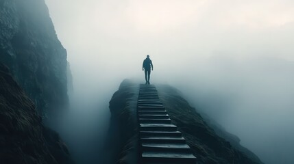 Man walks foggy mountain path, steps to unknown