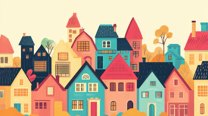 Fototapeta premium Cute colorful flat style house village symbol real estate cottage and home design residential colorful building construction vector illustration.
