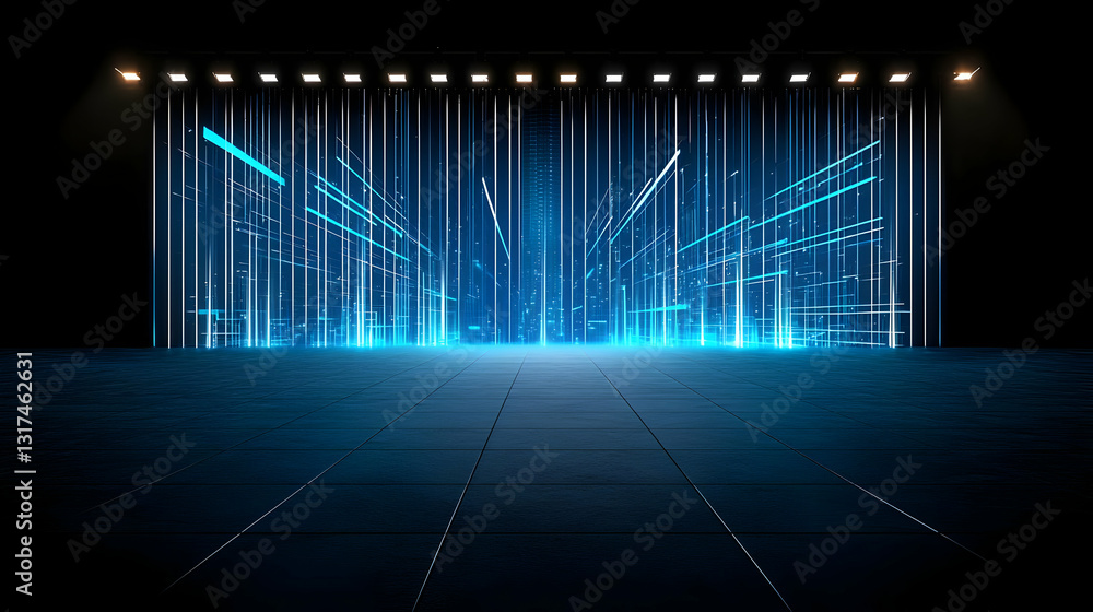 Poster empty dark stage illuminated with bright blue laser lights and lines on a textured floor in a modern