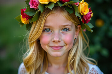 Naklejka premium Portrait of a happy girl with a flower wreath on her head. Spring young girl with flowers in her hair. Close-up portrait of a summer smiling girl on a blurred background.
