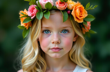 Naklejka premium Portrait of a happy girl with a flower wreath on her head. Spring young girl with flowers in her hair. Close-up portrait of a summer smiling girl on a blurred background.