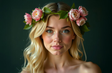 Naklejka premium Portrait of happy woman with flower wreath on her head. Spring woman with flowers in her hair. Close-up portrait of summer smiling woman on blurred background.