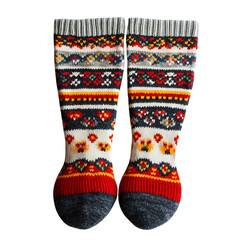 A Pair of Knee High Wool Socks with Fair Isle Patterns Isolated on Transparent Background