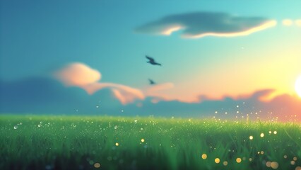 Obraz premium Tranquil Sunrise Over Dewy Meadows