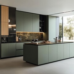 A modern elegant kitchen featuring contemporary cabinetry and an island