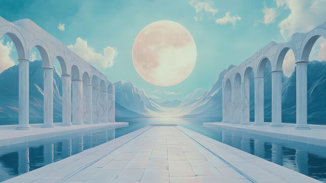 A serene neo-classical landscape with white columns, a full moon, and reflecting waters creates a calming scene. Magazine covers and high-fashion editorials
