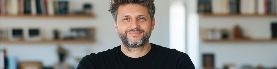 Obraz premium A man with a beard and glasses is smiling in front of a bookshelf. The bookshelf is filled with books of various sizes and colors. The man is proud of his collection and is happy to show it off
