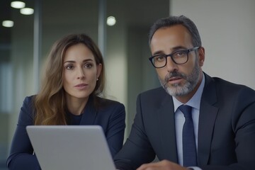 Obraz premium Two men and a woman are sitting at a table with a laptop in front of them. They are dressed in business attire and appear to be working together