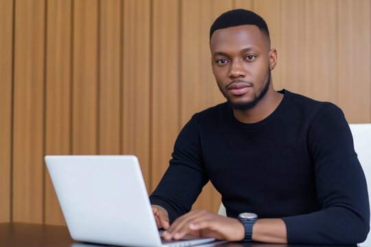 A man is sitting at a desk with a laptop in front of him. He is wearing a black shirt and a watch. Concept of focus and productivity as the man works on his laptop - Powered by Adobe