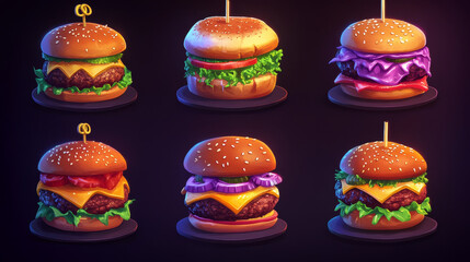 Set of colorful cartoon fast food icons isolated restaurant tasty american cheeseburger meat and unhealthy burger meal vector illustration.
