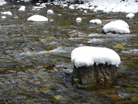 Stream in winter with snow on rocks