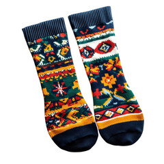 A Pair of Long Thermal Socks with Festive Patterns Isolated on Transparent Background