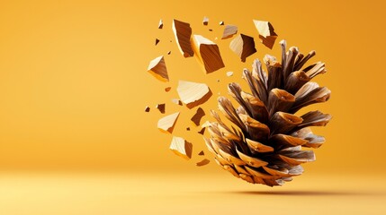 Dynamic Pinecone Breaking Apart Against Orange Background