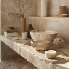 A serene and minimalist setting with various earth-toned objects such as bowls, vases, a candle, and stacked towels, all arranged on a stone surface. The color palette is warm and neutral