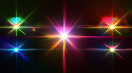 Colorful Light Rays and Starbursts Over Dark Background
