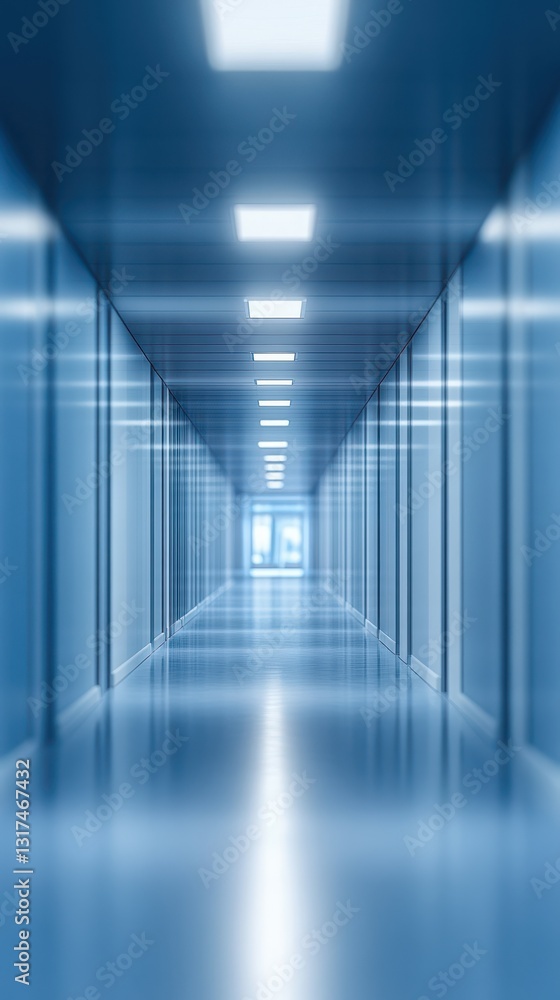 Poster long corridor with bright overhead lights and reflective floor tiles creating a serene atmosphere in