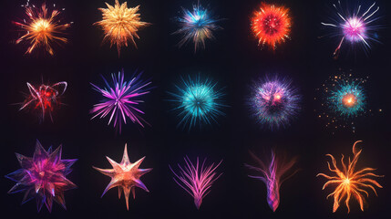 Fireworks set vector salute festival different shapes colorful festive birthday party New year celebration firework display isolated illustration.