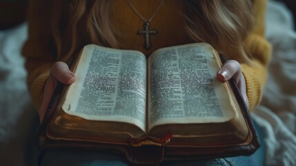 Woman Holding Open Antique Bible with Holy Scripture Text, Religious Faith and Spiritual Devotion Concept, Christian Prayer and Sacred Ancient Religious Book with Cross Necklace