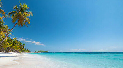 Pristine White Sand Beach With Palm Trees And Crystal Clear Turquoise Water Under Vibrant Blue Sky In Tropical Paradise
