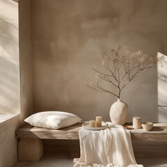 A cozy nook with a wooden bench, a textured white cushion, and a vase with dried flowers. The setting is adorned with a white cloth draped over the bench, adding to the warm and inviting ambiance