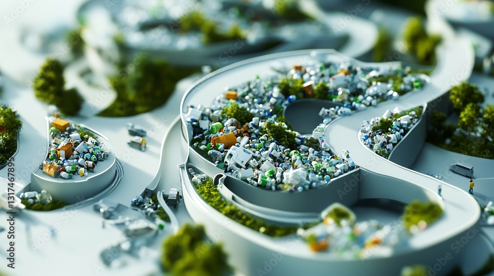Poster Highresolution rendering of waste management systems highlighting interconnected circular forms recycling reduction